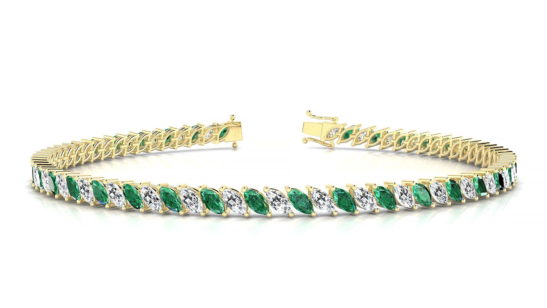 Venezia 1-1 | 18k Yellow Gold 4 x 2 mm Marquise Natural Emerald & Diamond Tennis Bracelet