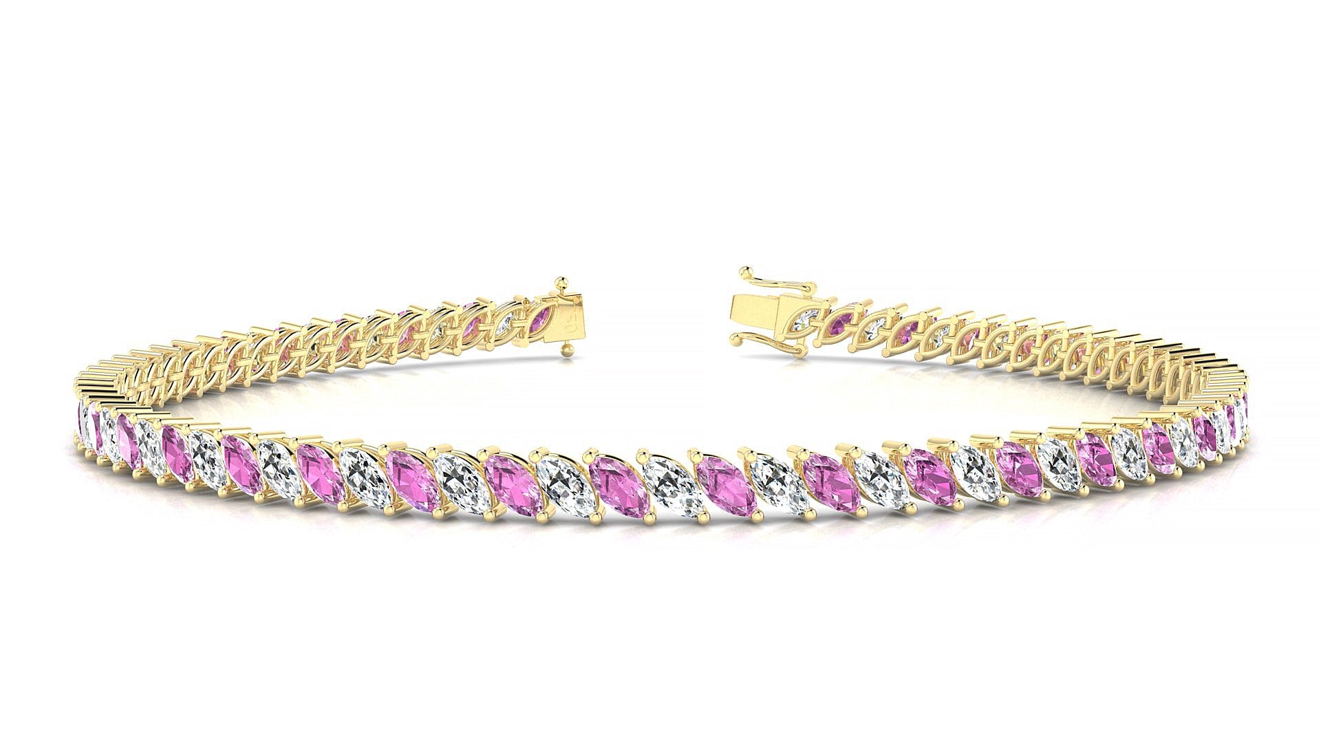 Venezia 1-1 | 18k Yellow Gold 4 x 2 mm Marquise Natural Pink Sapphire & Diamond Tennis Bracelet