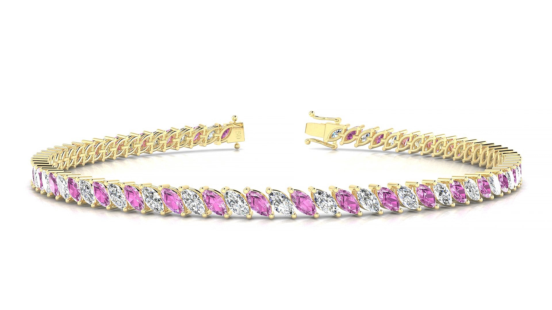 Venezia 1-1 | 18k Yellow Gold 4 x 2 mm Marquise Natural Pink Sapphire & Diamond 15 cm Tennis Bracelet
