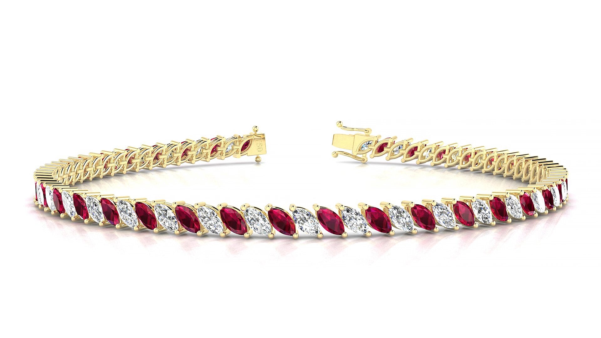 Venezia 1-1 | 18k Yellow Gold 4 x 2 mm Marquise Natural Ruby & Diamond 15 cm Tennis Bracelet