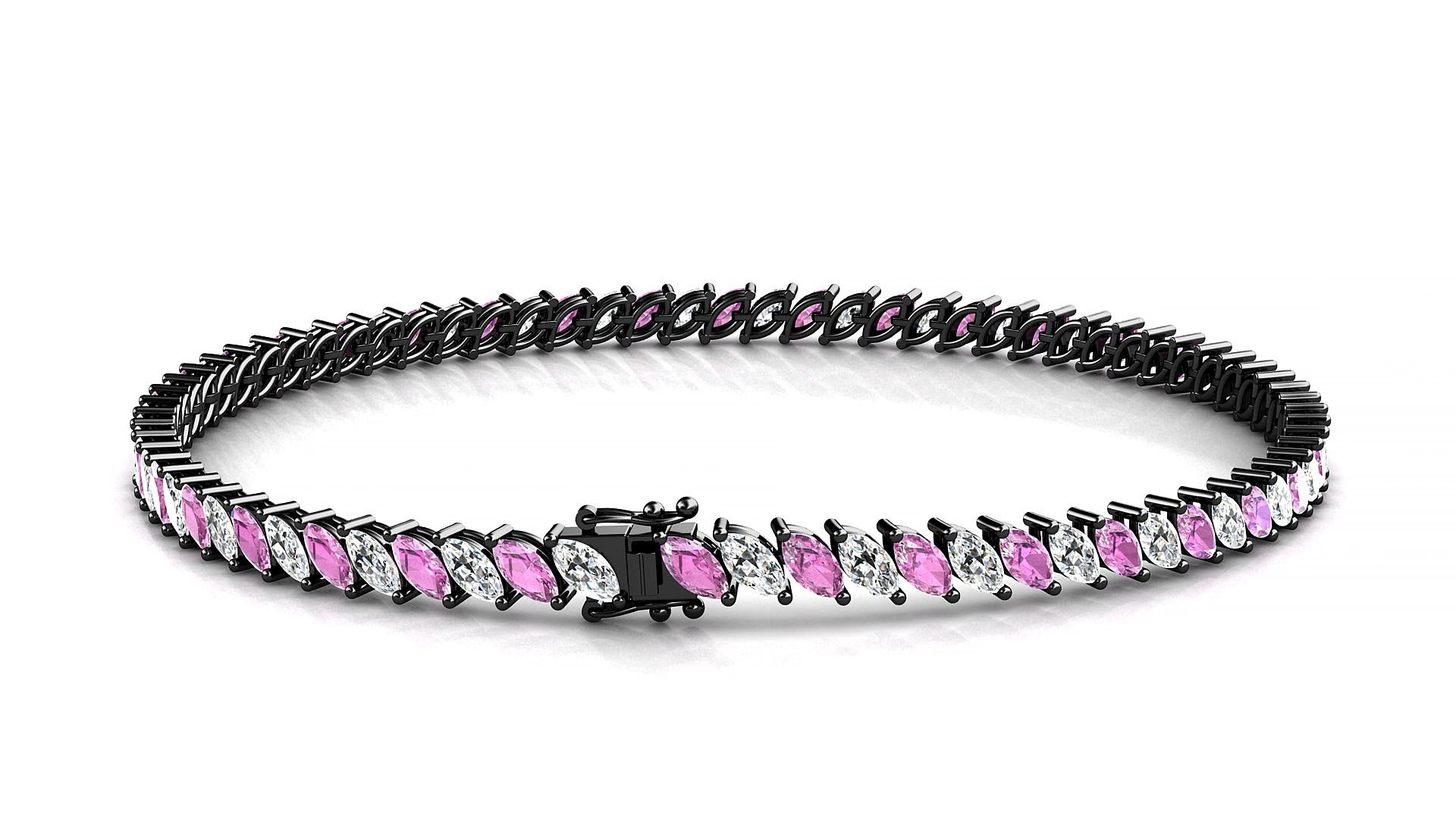 Venezia 1-1 | 18k Black Gold 4 x 2 mm Marquise Natural Pink Sapphire & Diamond 15 cm Tennis Bracelet