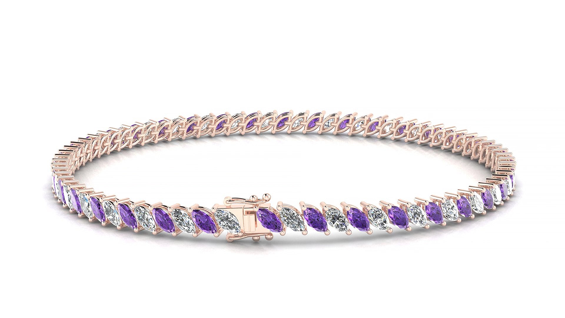 Venezia 1-1 | 18k Rose Gold 4 x 2 mm Marquise Natural Amethyst & Diamond 15 cm Tennis Bracelet