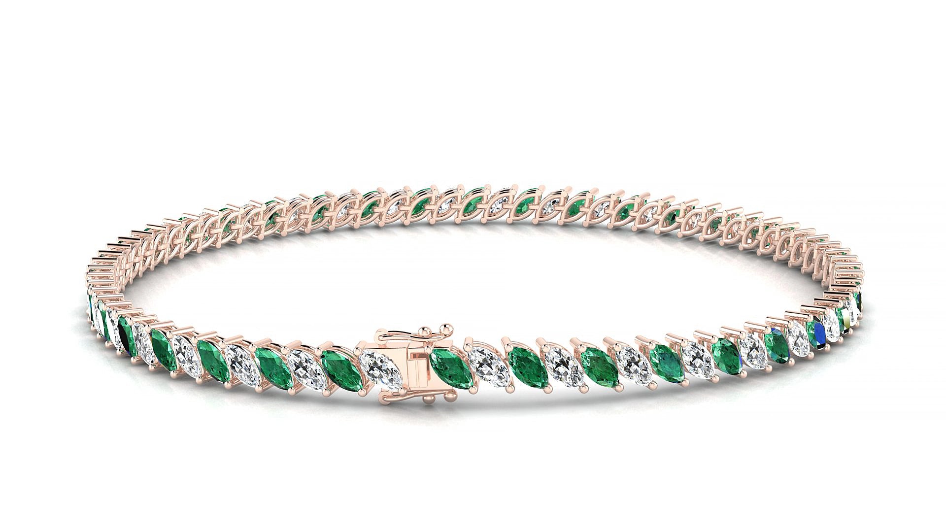 Venezia 1-1 | 18k Rose Gold 4 x 2 mm Marquise Natural Emerald & Diamond 15 cm Tennis Bracelet