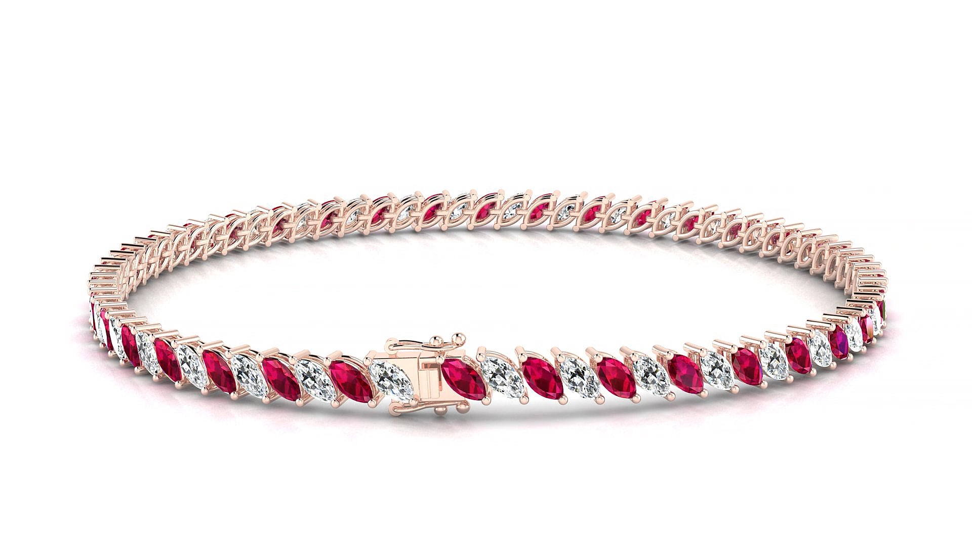 Venezia 1-1 | 18k Rose Gold 4 x 2 mm Marquise Natural Ruby & Diamond 15 cm Tennis Bracelet