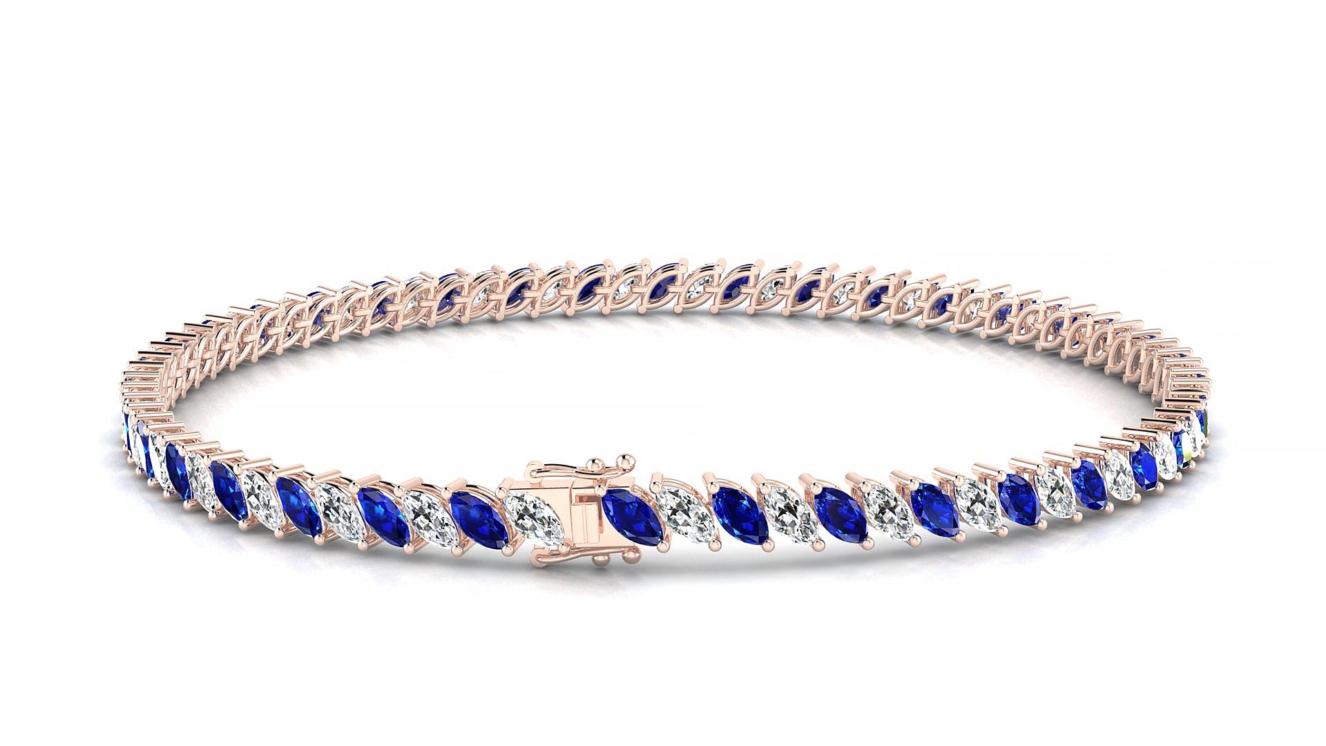 Venezia 1-1 | 18k Rose Gold 4 x 2 mm Marquise Natural Sapphire & Diamond 15 cm Tennis Bracelet