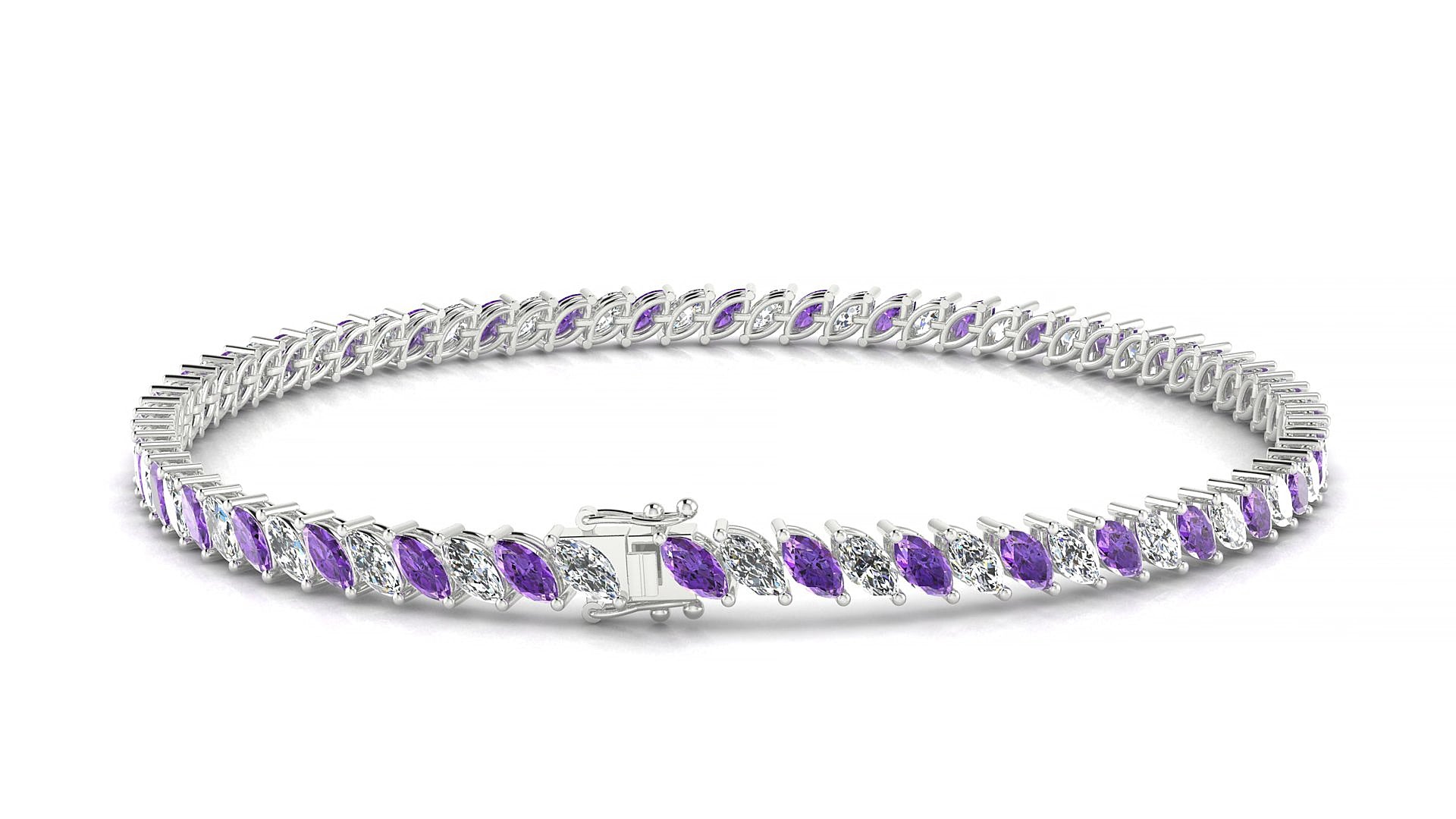 Venezia 1-1 | 18k White Gold 4 x 2 mm Marquise Natural Amethyst & Diamond 15 cm Tennis Bracelet