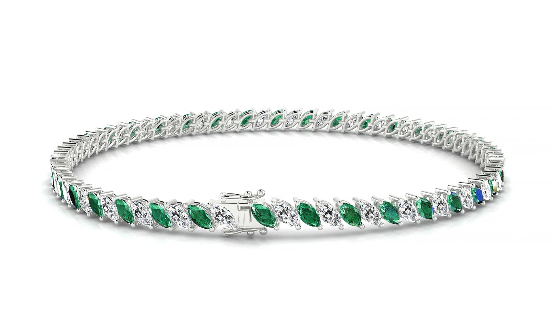 Venezia 1-1 | 18k White Gold 4 x 2 mm Marquise Natural Emerald & Diamond 15 cm Tennis Bracelet