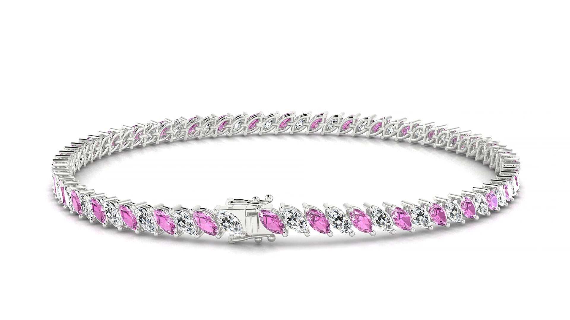 Venezia 1-1 | 18k White Gold 4 x 2 mm Marquise Natural Pink Sapphire & Diamond 15 cm Tennis Bracelet