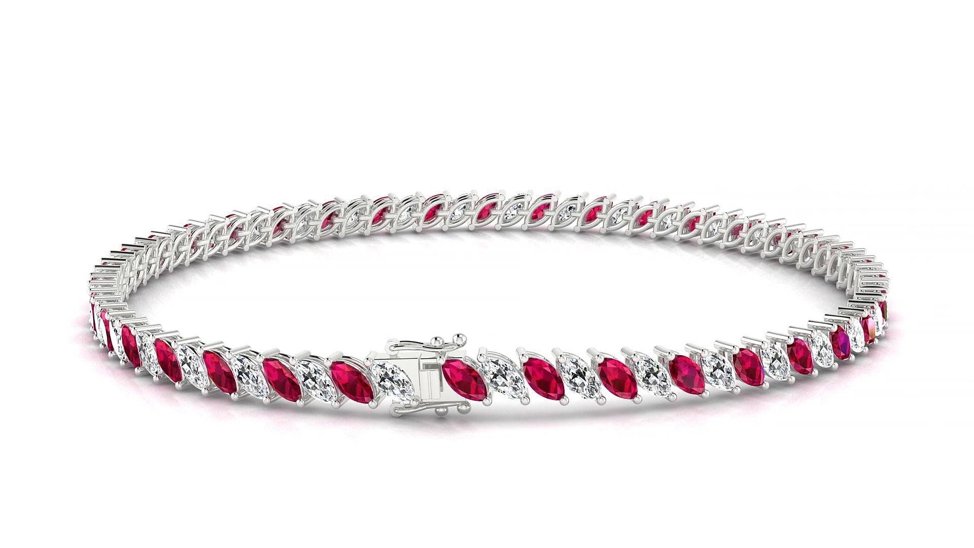 Venezia 1-1 | 18k White Gold 4 x 2 mm Marquise Natural Ruby & Diamond 15 cm Tennis Bracelet