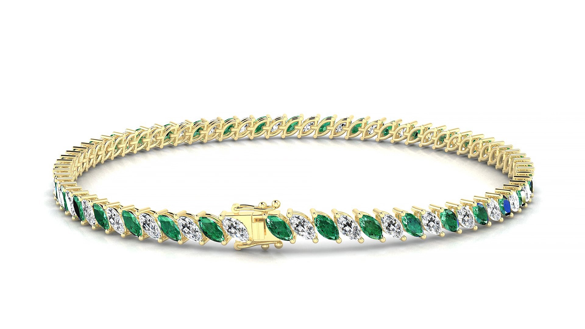 Venezia 1-1 | 18k Yellow Gold 4 x 2 mm Marquise Natural Emerald & Diamond 15 cm Tennis Bracelet