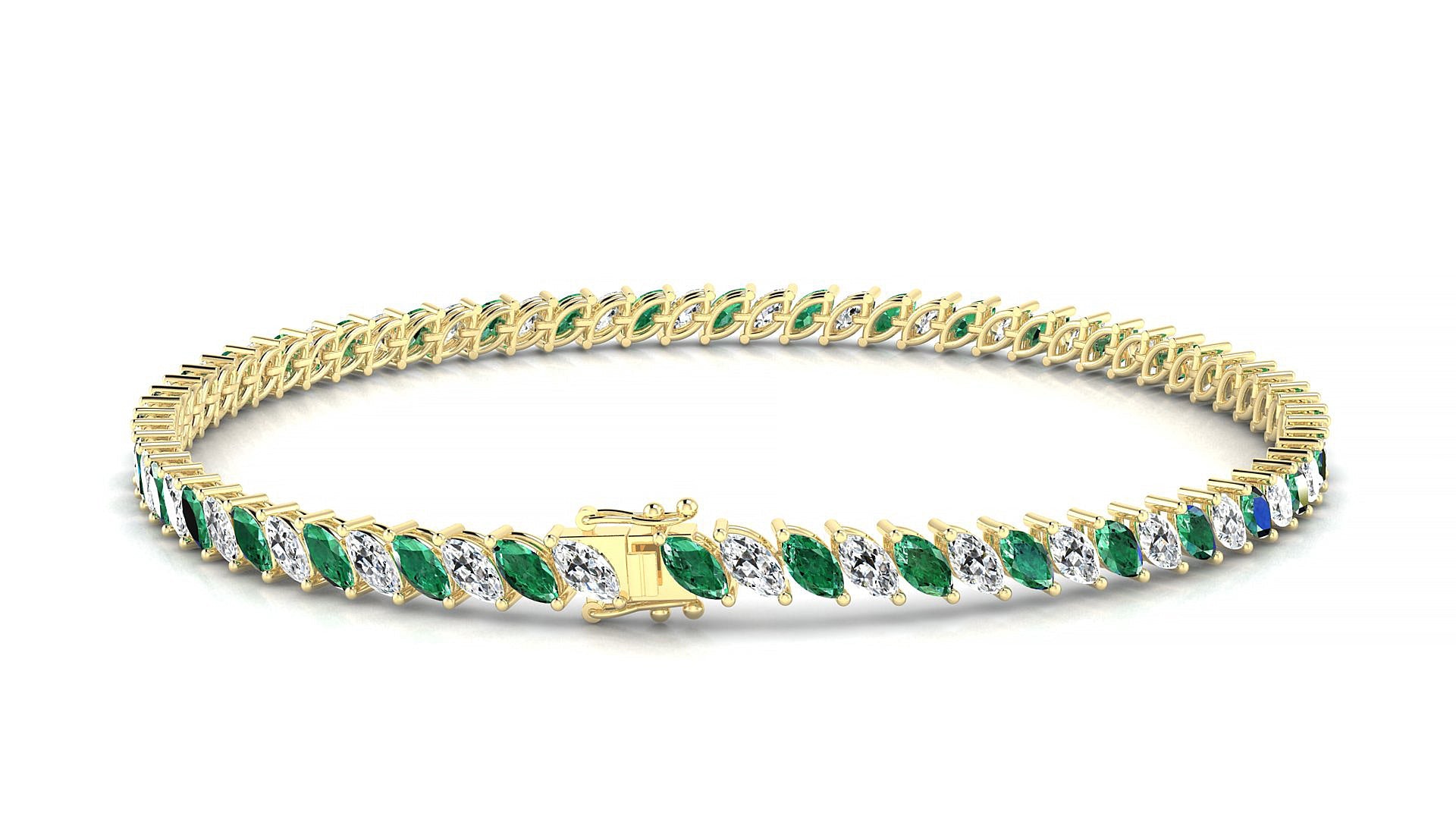 Venezia 1-1 | 18k Yellow Gold 4 x 2 mm Marquise Natural Emerald & Diamond Tennis Bracelet