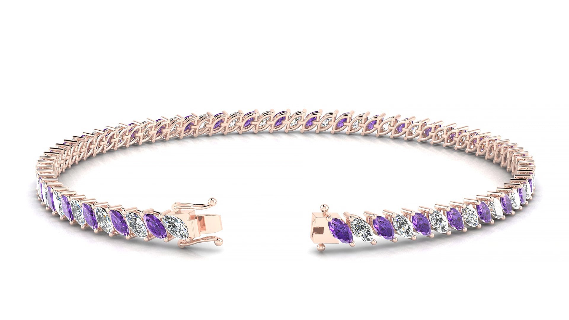 Venezia 1-1 | 18k Rose Gold 4 x 2 mm Marquise Natural Amethyst & Diamond 18 cm Tennis Bracelet