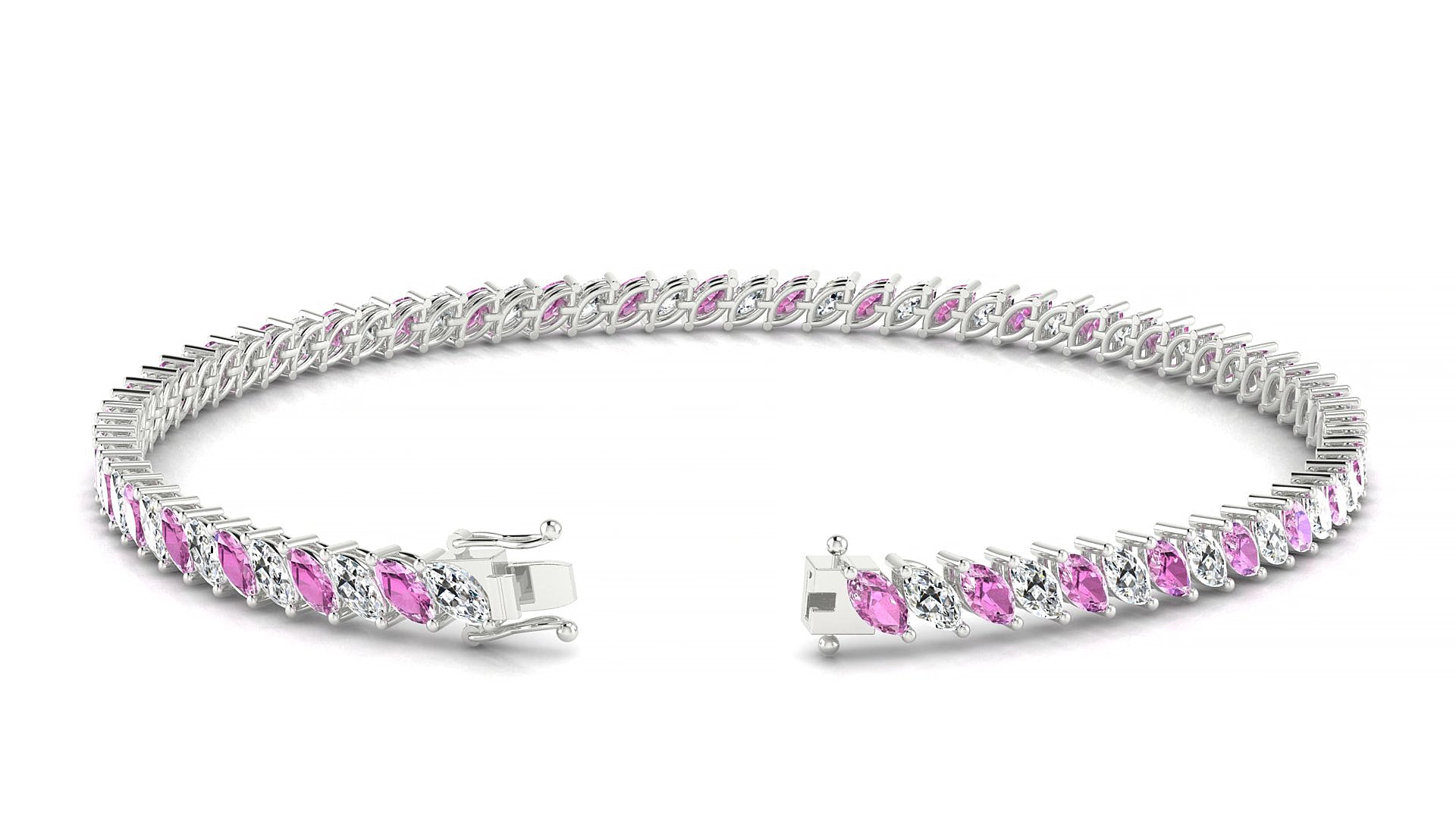 Venezia 1-1 | 18k White Gold 4 x 2 mm Marquise Natural Pink Sapphire & Diamond 15 cm Tennis Bracelet