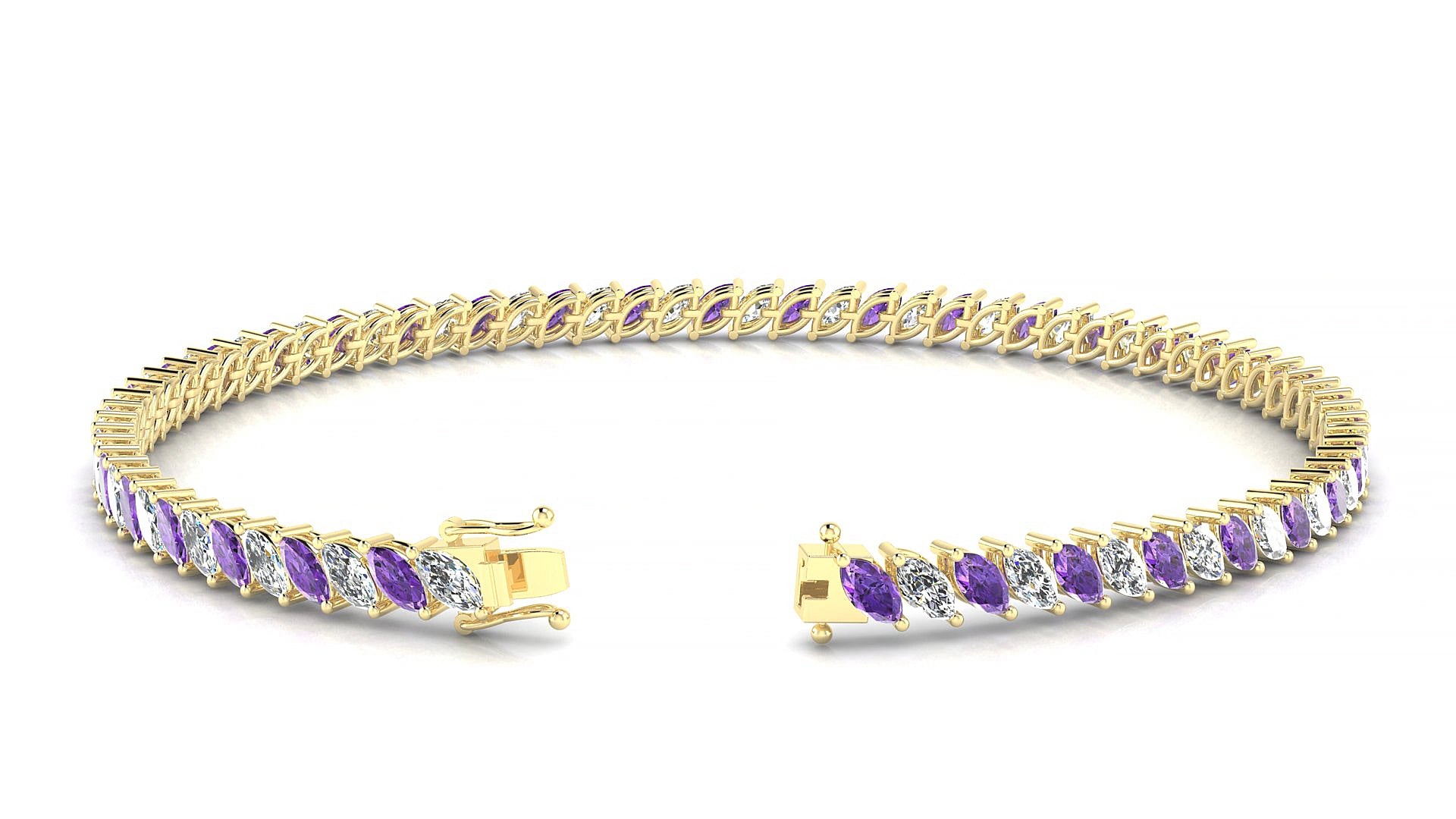 Venezia 1-1 | 18k Yellow Gold 4 x 2 mm Marquise Natural Amethyst & Diamond 15 cm Tennis Bracelet