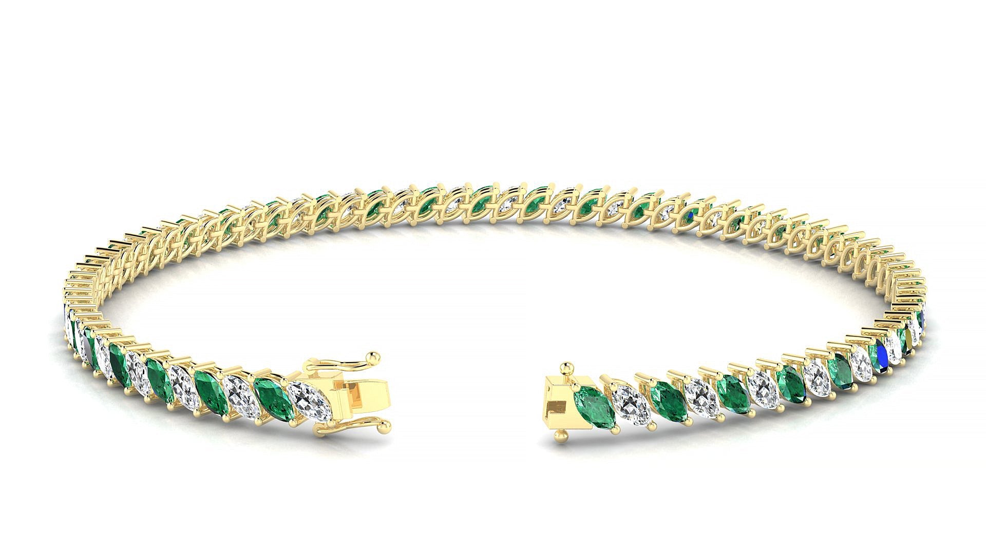 Venezia 1-1 | 18k Yellow Gold 4 x 2 mm Marquise Natural Emerald & Diamond Tennis Bracelet