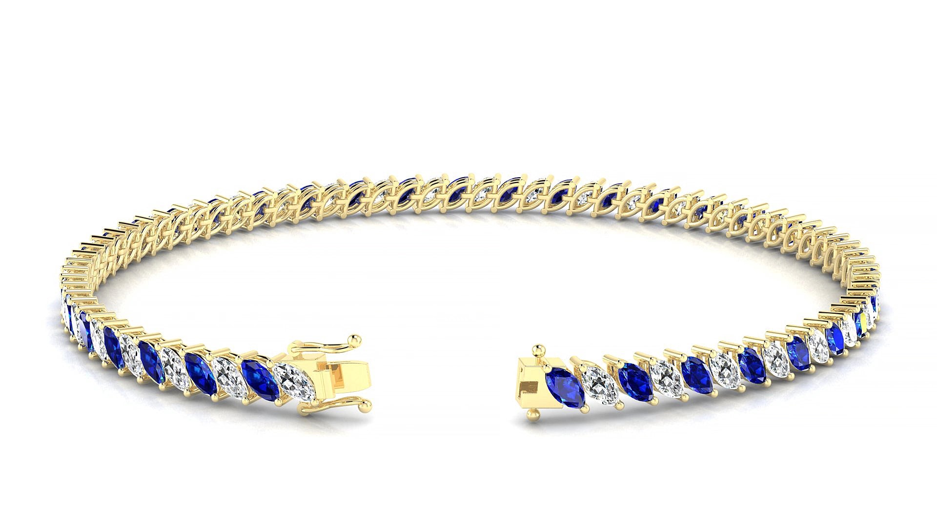Venezia 1-1 | 18k Yellow Gold 4 x 2 mm Marquise Natural Sapphire & Diamond 15 cm Tennis Bracelet