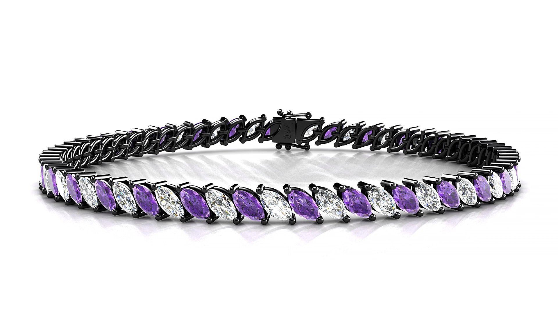 Venezia 1-1 | 18k Black Gold 5 x 2.5 mm Marquise Natural Amethyst & Diamond 20 cm Tennis Bracelet