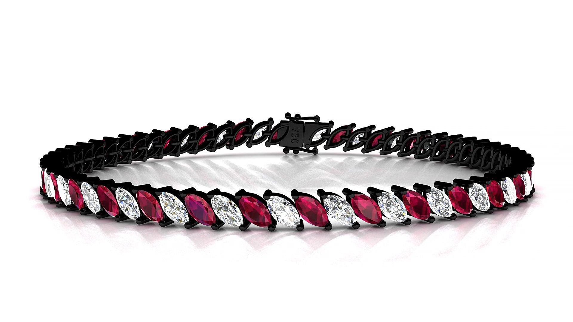 Venezia 1-1 | 18k Black Gold 5 x 2.5 mm Marquise Natural Ruby & Diamond 15 cm Tennis Bracelet