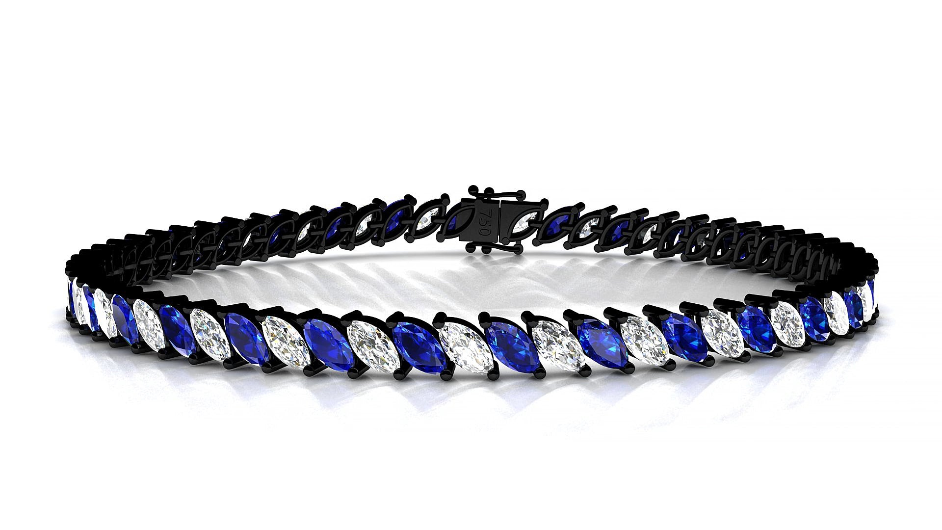 Venezia 1-1 | 18k Black Gold 5 x 2.5 mm Marquise Natural Sapphire & Diamond 19 cm Tennis Bracelet
