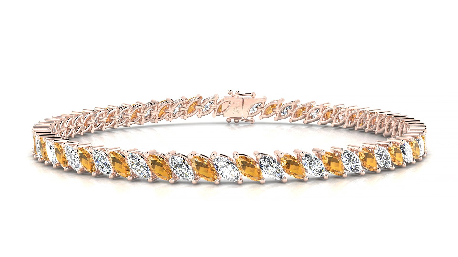 Venezia 1-1 | 18k Rose Gold 5 x 2.5 mm Marquise Natural Citrine & Diamond 15 cm Tennis Bracelet