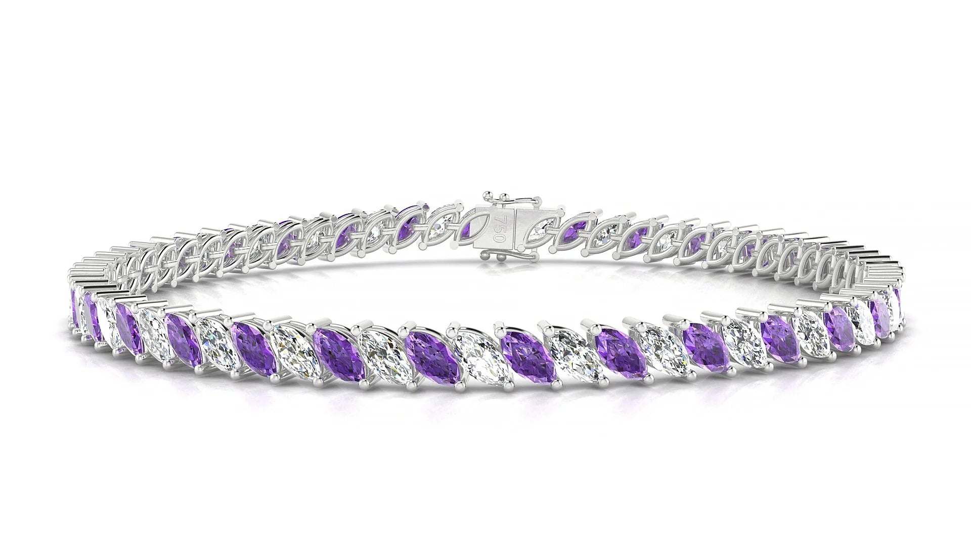 Venezia 1-1 | 18k White Gold 5 x 2.5 mm Marquise Natural Amethyst & Diamond Tennis Bracelet