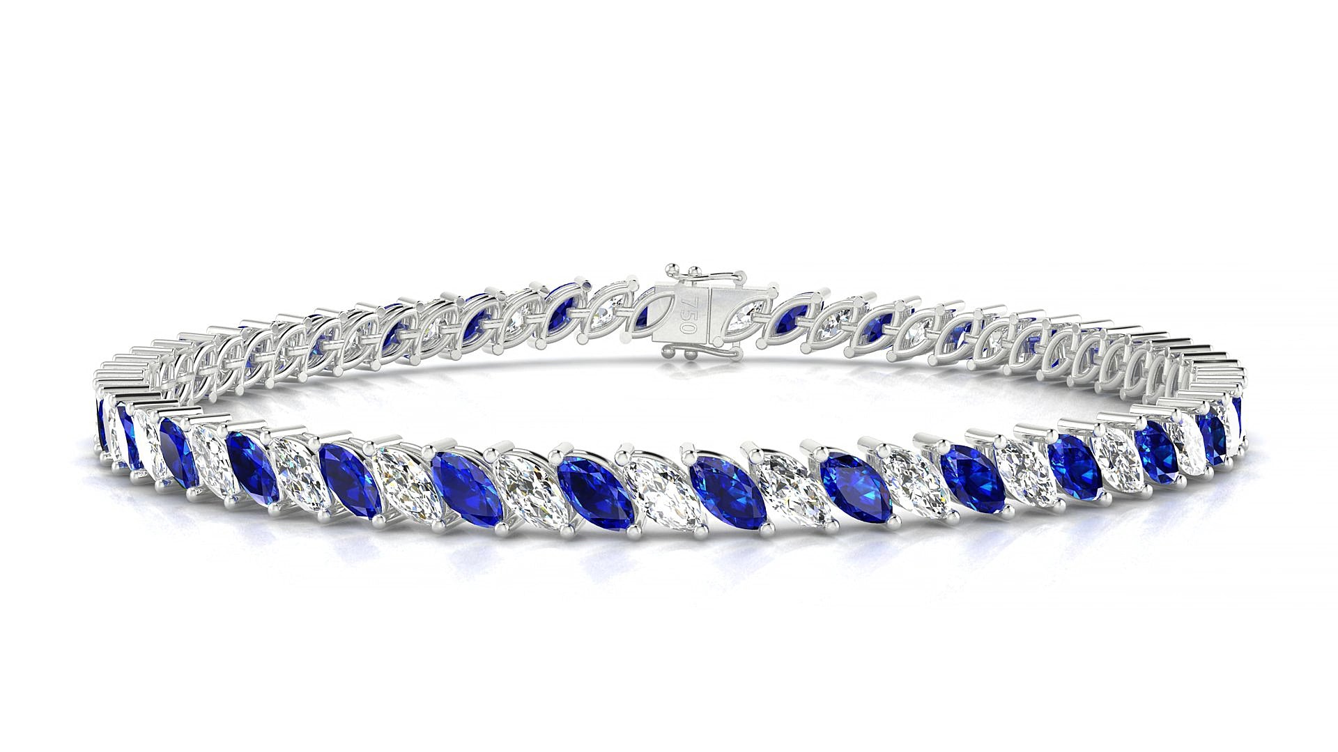 Venezia 1-1 | 18k White Gold 5 x 2.5 mm Marquise Natural Sapphire & Diamond 18 cm Tennis Bracelet
