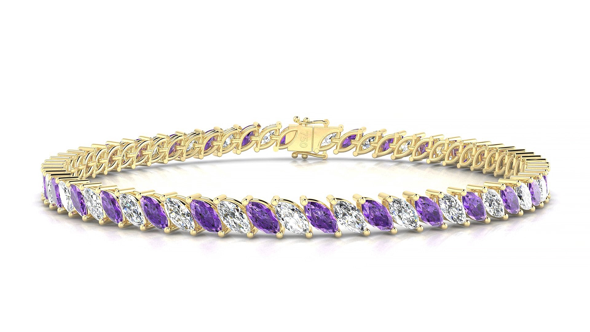 Venezia 1-1 | 18k Yellow Gold 5 x 2.5 mm Marquise Natural Amethyst & Diamond 19 cm Tennis Bracelet