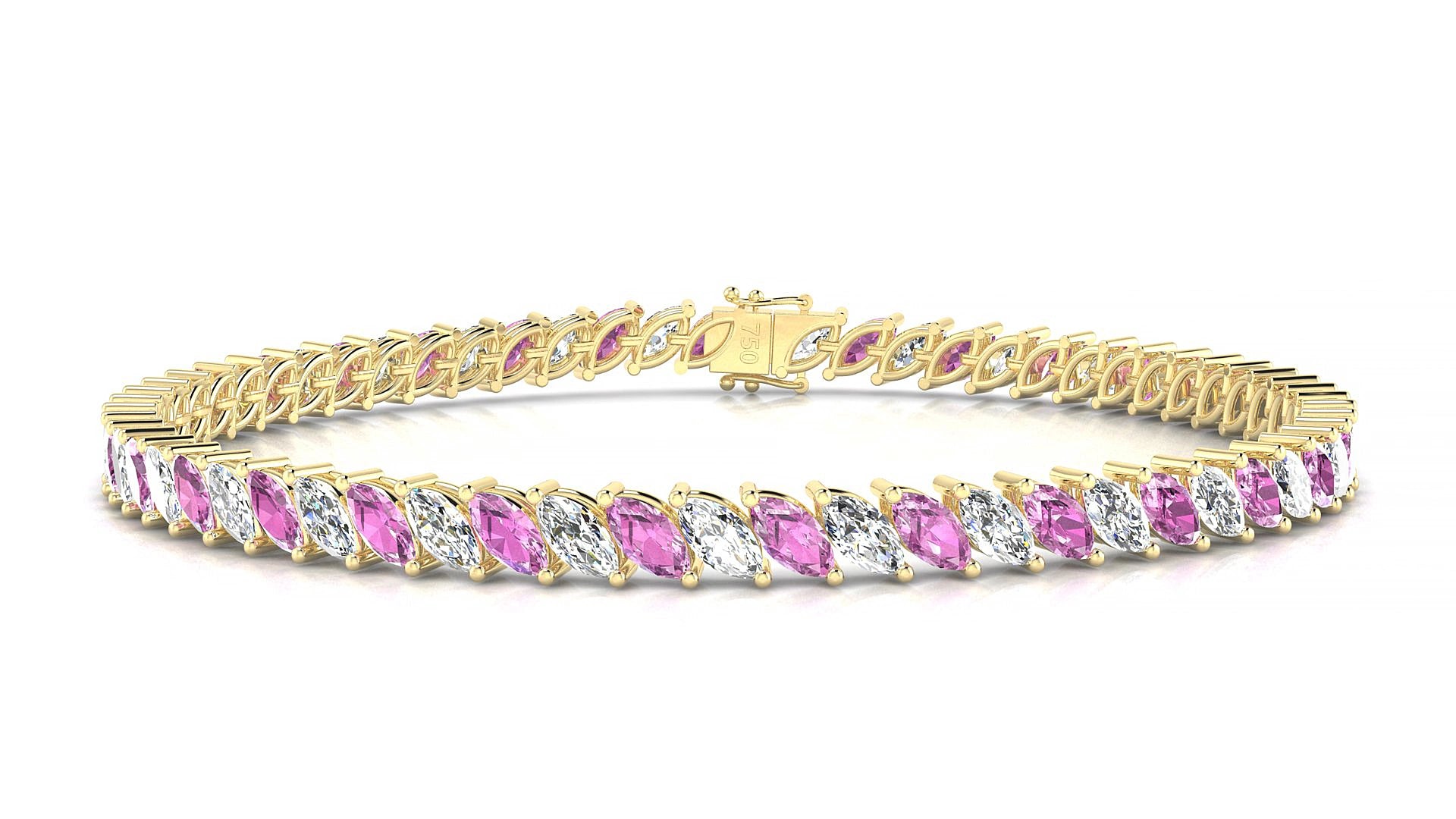 Venezia 1-1 | 18k Yellow Gold 5 x 2.5 mm Marquise Natural Pink Sapphire & Diamond 16 cm Tennis Bracelet