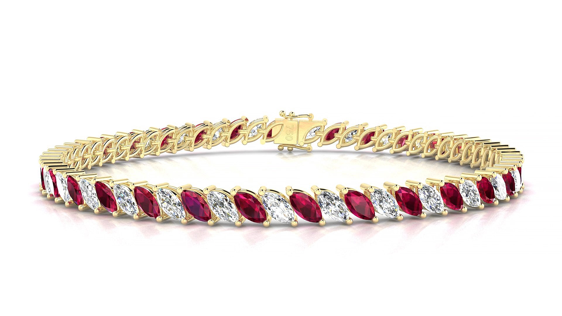Venezia 1-1 | 18k Yellow Gold 5 x 2.5 mm Marquise Natural Ruby & Diamond 15 cm Tennis Bracelet