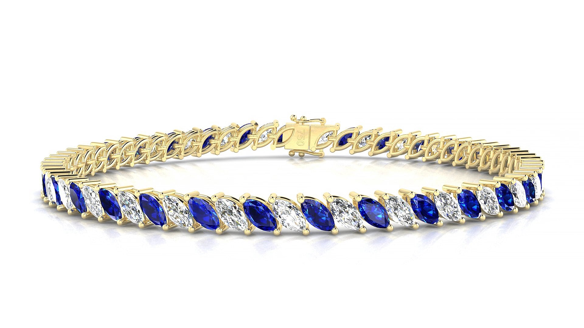 Venezia 1-1 | 18k Yellow Gold 5 x 2.5 mm Marquise Natural Sapphire & Diamond 20 cm Tennis Bracelet