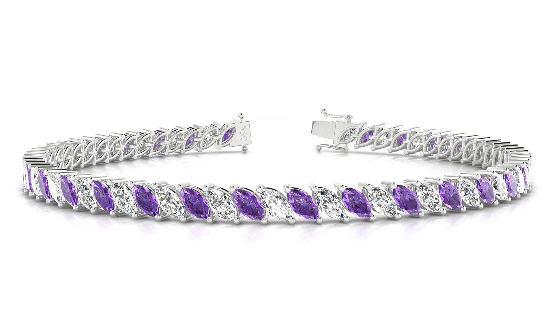 Venezia 1-1 | 18k White Gold 5 x 2.5 mm Marquise Natural Amethyst & Diamond Tennis Bracelet