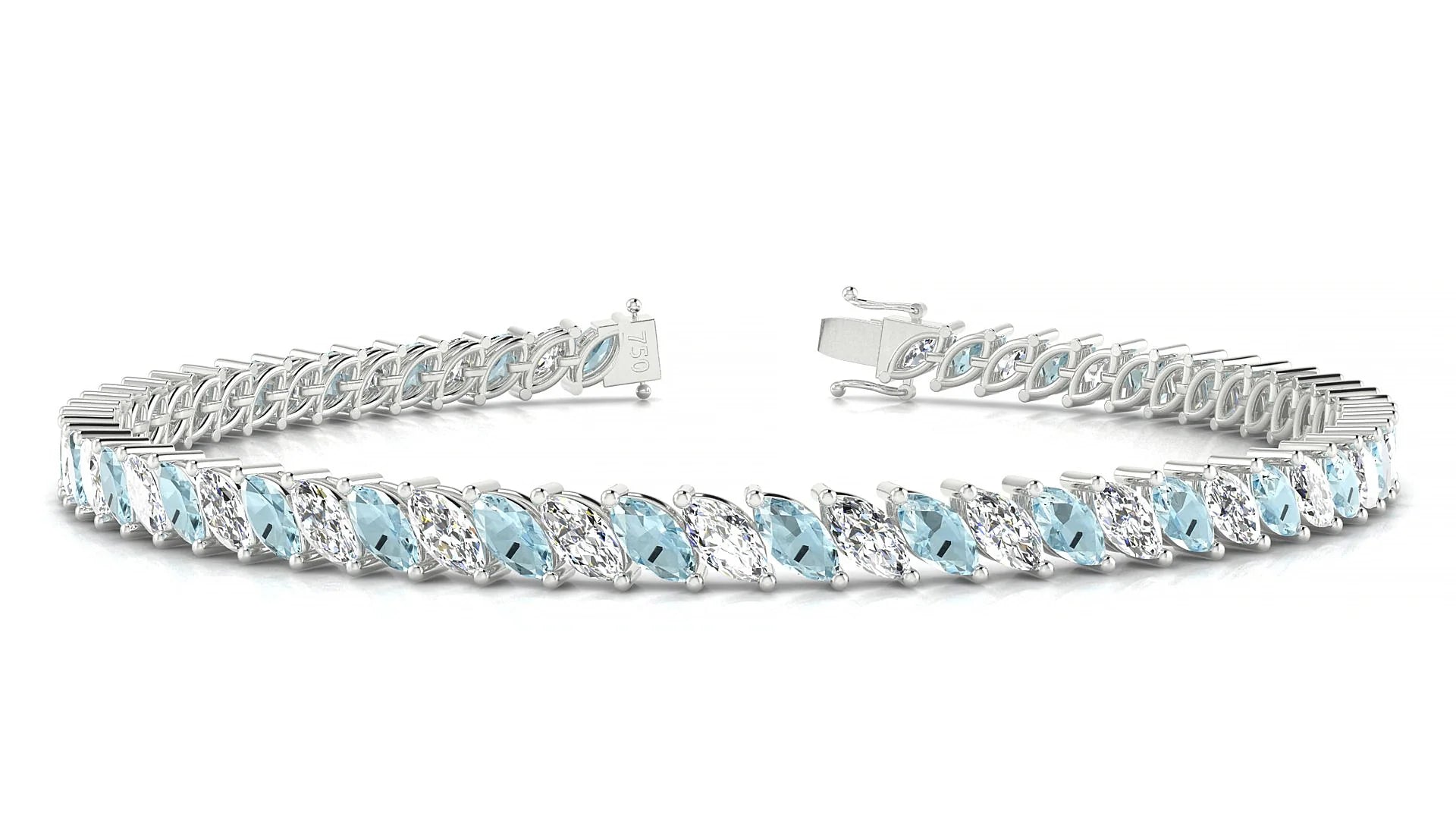 Venezia 1-1 | 18k White Gold 5 x 2.5 mm Marquise Natural Aquamarine & Diamond Tennis Bracelet