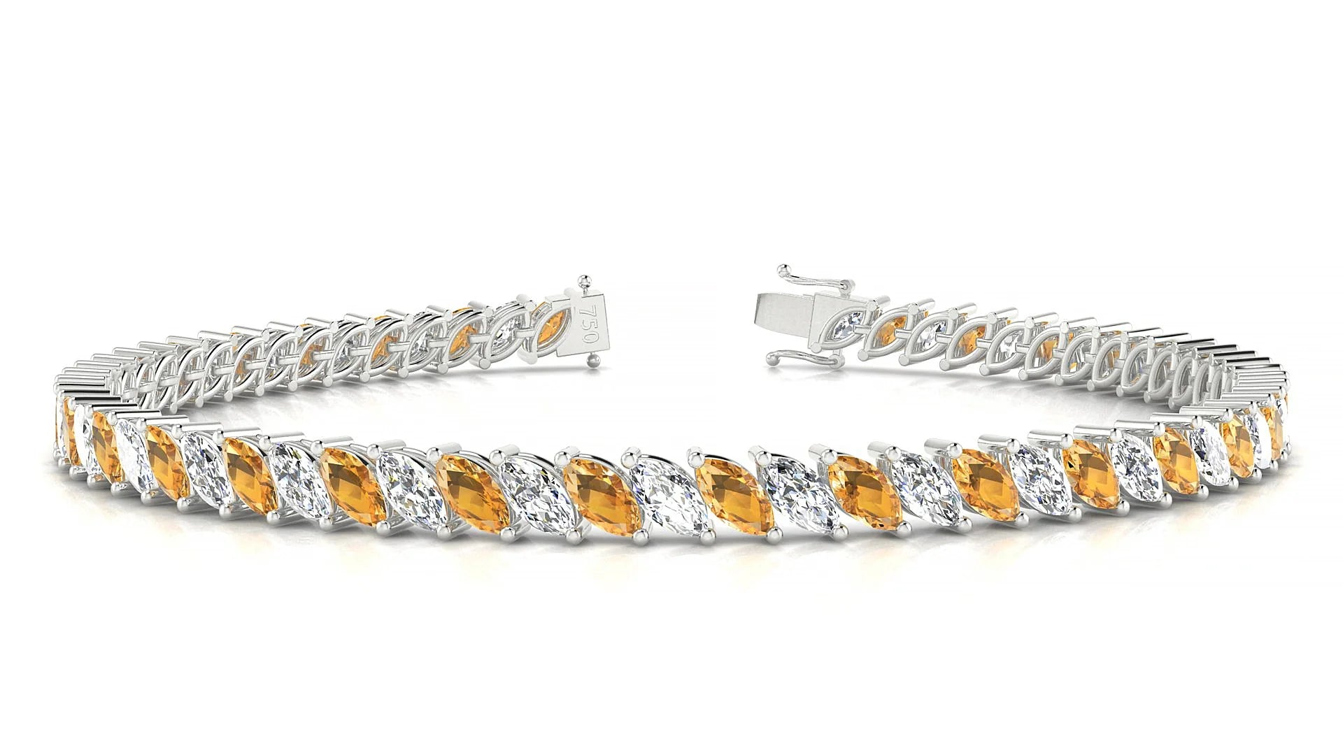 Venezia 1-1 | 18k White Gold 5 x 2.5 mm Marquise Natural Citrine & Diamond Tennis Bracelet