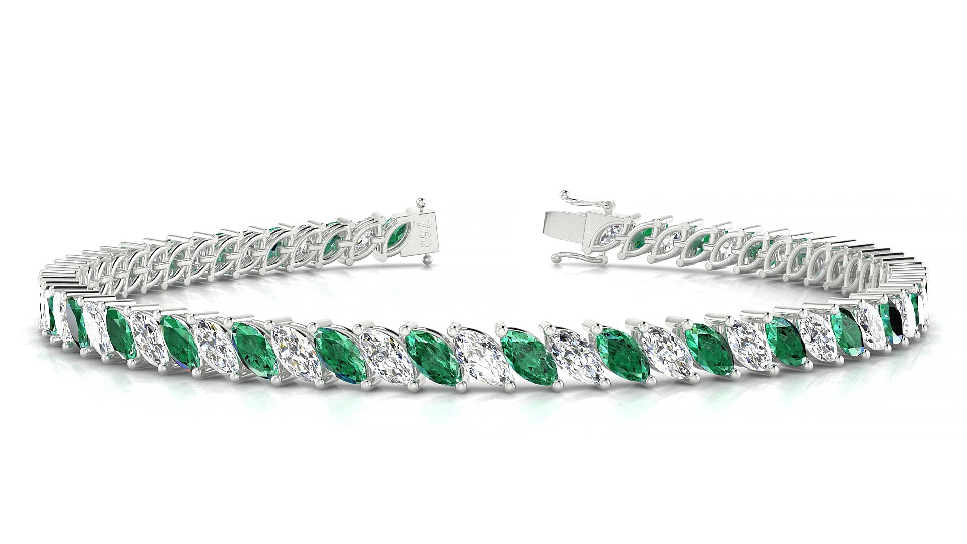 Venezia 1-1 | 18k White Gold 5 x 2.5 mm Marquise Natural Emerald & Diamond 15 cm Tennis Bracelet