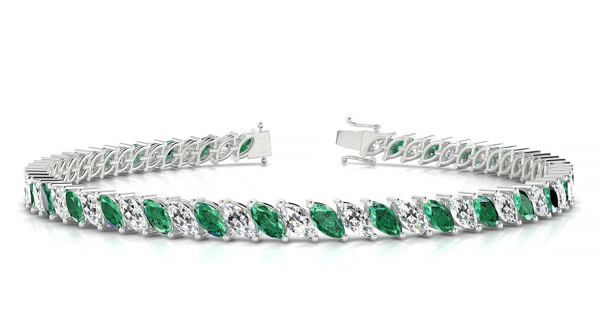 Venezia 1-1 | 18k White Gold 5 x 2.5 mm Marquise Natural Emerald & Diamond Tennis Bracelet