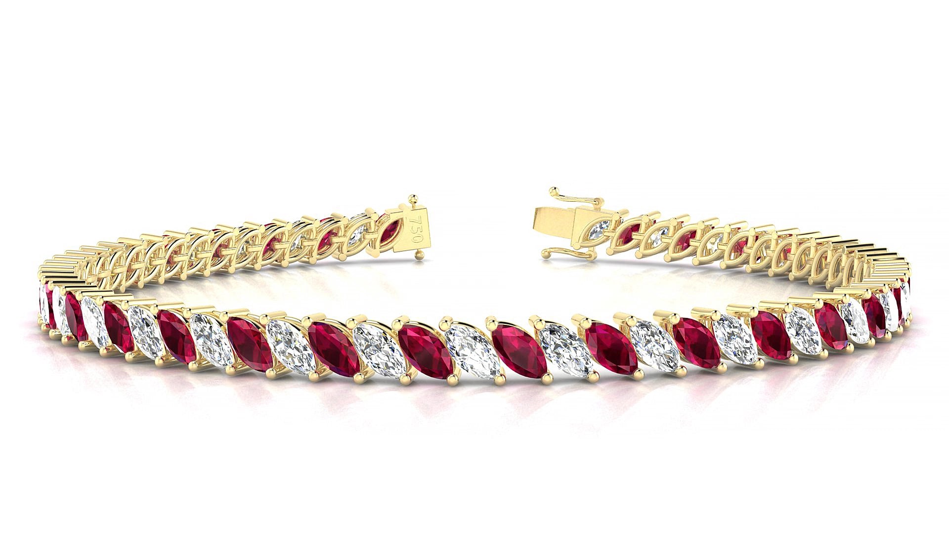 Venezia 1-1 | 18k Yellow Gold 5 x 2.5 mm Marquise Natural Ruby & Diamond 15 cm Tennis Bracelet