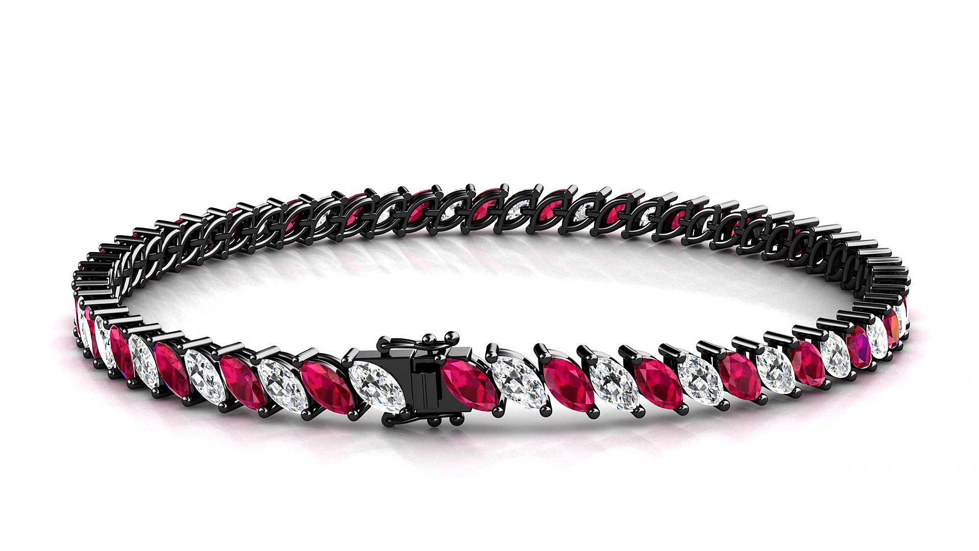 Venezia 1-1 | 18k Black Gold 5 x 2.5 mm Marquise Natural Ruby & Diamond 15 cm Tennis Bracelet