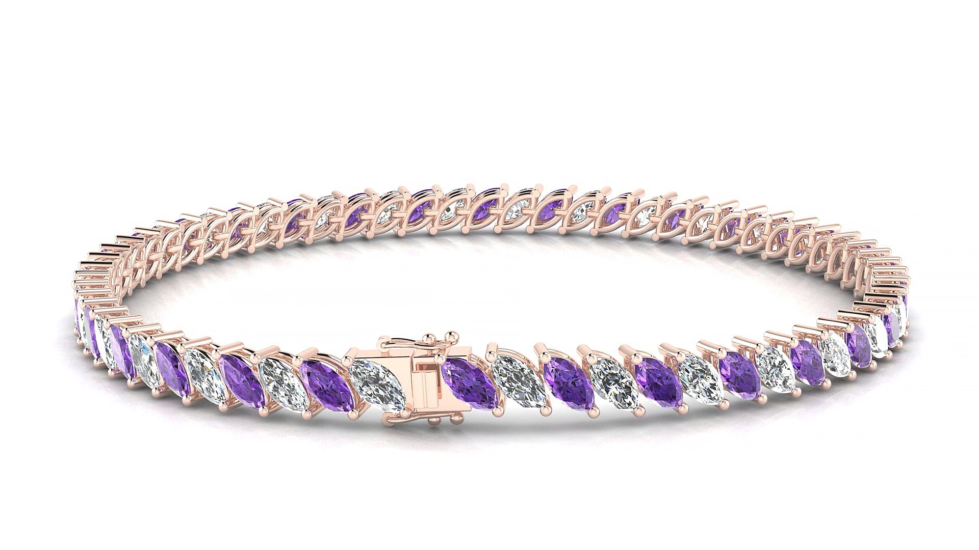 Venezia 1-1 | 18k Rose Gold 5 x 2.5 mm Marquise Natural Amethyst & Diamond 18 cm Tennis Bracelet