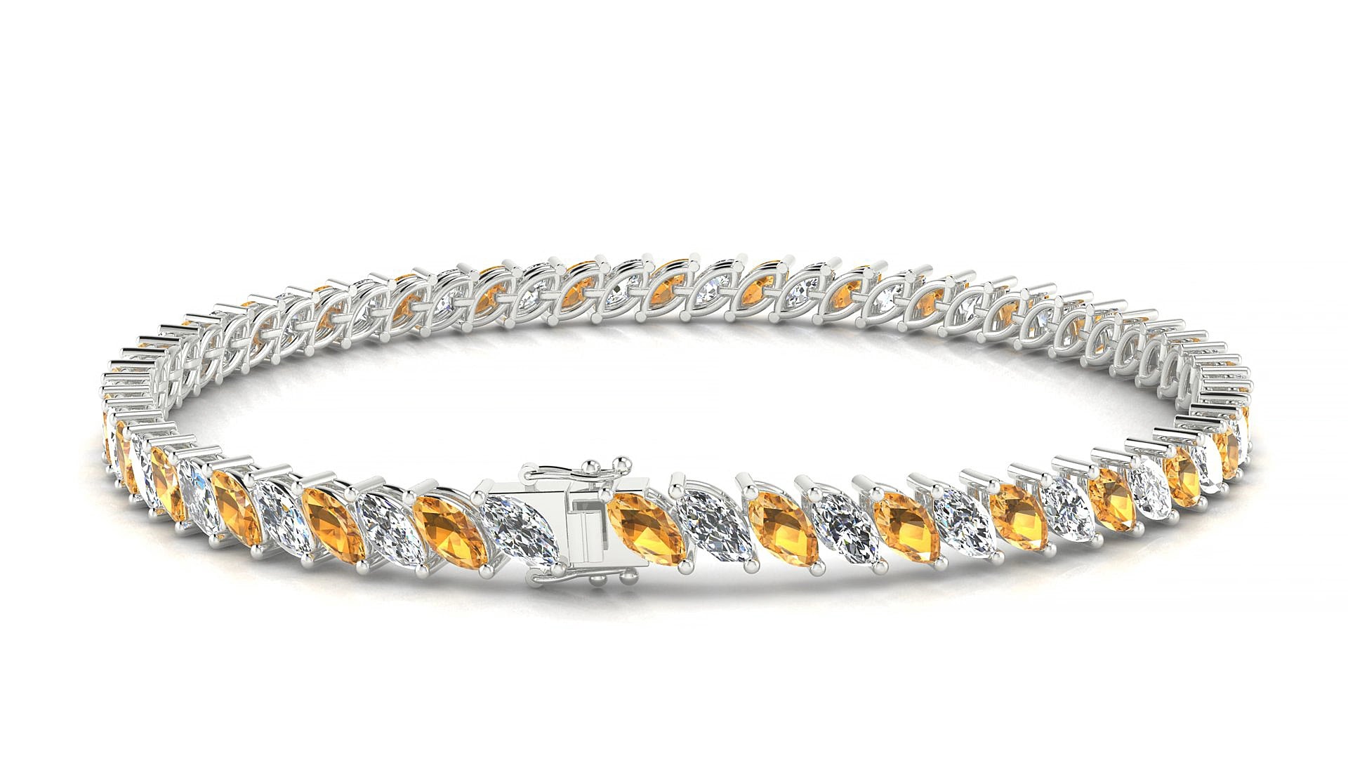 Venezia 1-1 | 18k White Gold 5 x 2.5 mm Marquise Natural Citrine & Diamond 15 cm Tennis Bracelet
