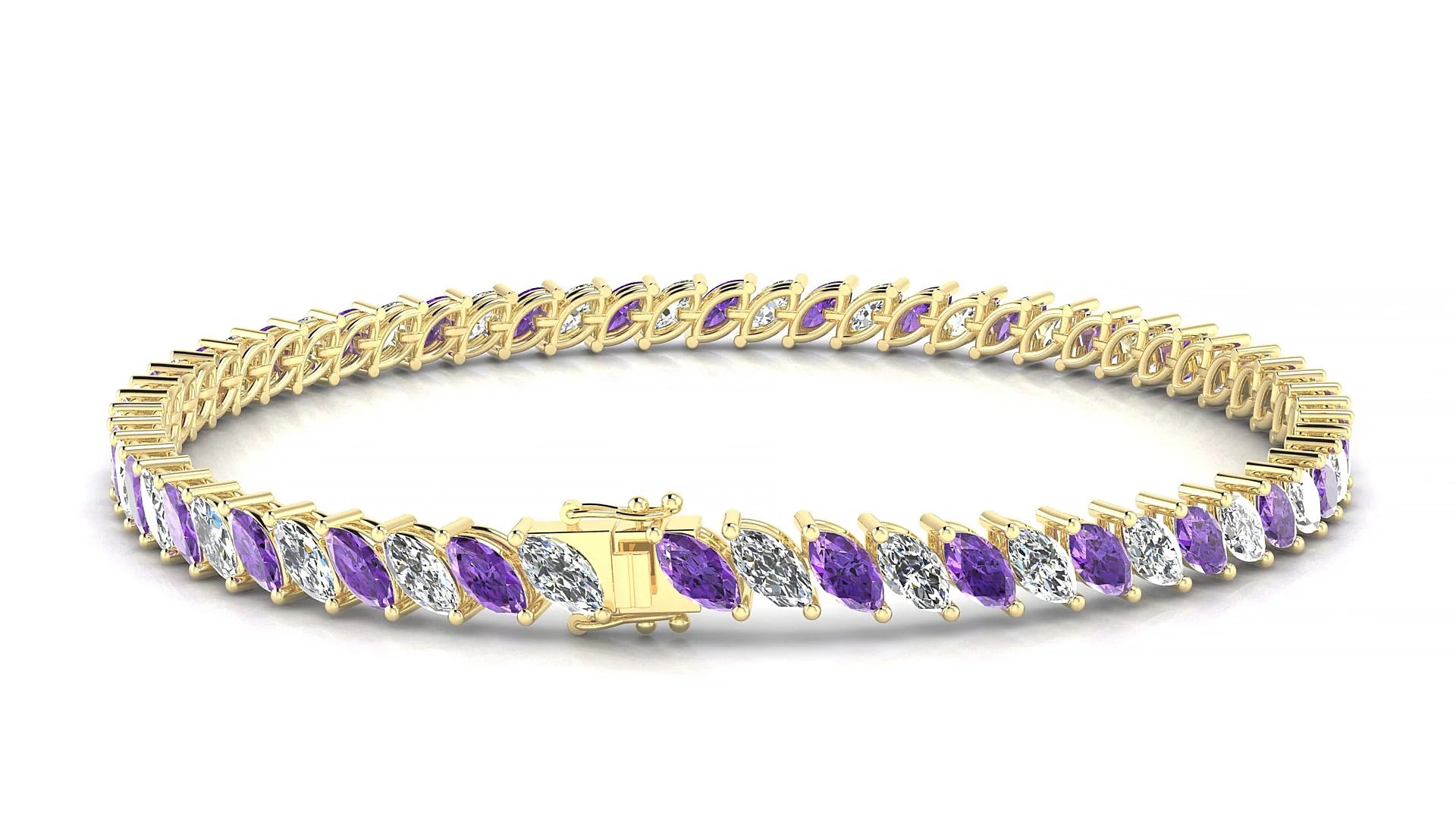 Venezia 1-1 | 18k Yellow Gold 5 x 2.5 mm Marquise Natural Amethyst & Diamond Tennis Bracelet
