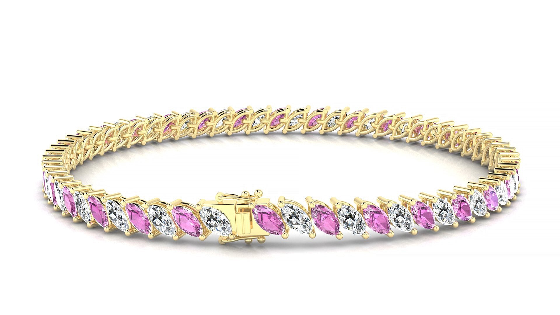 Venezia 1-1 | 18k Yellow Gold 5 x 2.5 mm Marquise Natural Pink Sapphire & Diamond Tennis Bracelet