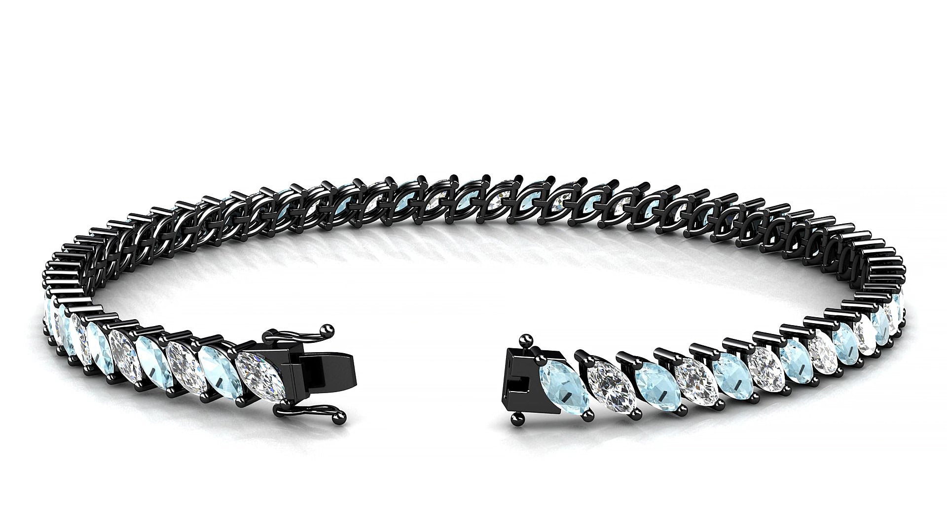Venezia 1-1 | 18k Black Gold 5 x 2.5 mm Marquise Natural Aquamarine & Diamond 15 cm Tennis Bracelet