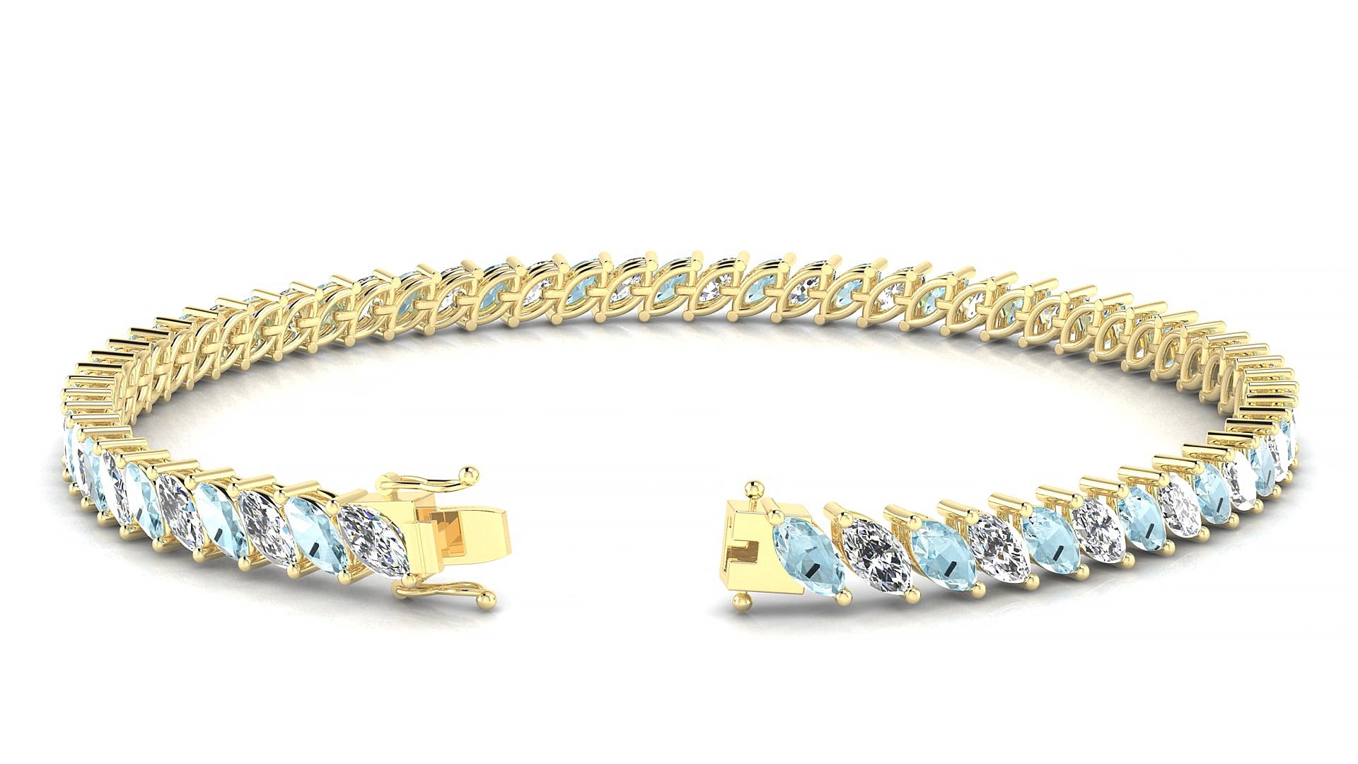 Venezia 1-1 | 18k Yellow Gold 5 x 2.5 mm Marquise Natural Aquamarine & Diamond 15 cm Tennis Bracelet