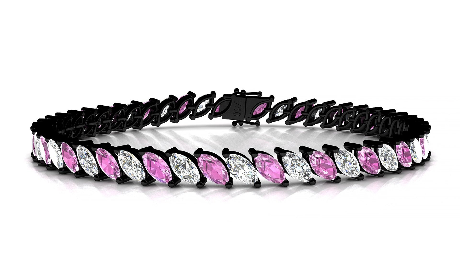 Venezia 1-1 | 18k Black Gold 6 x 3 mm Marquise Natural Pink Sapphire & Diamond 15 cm Tennis Bracelet