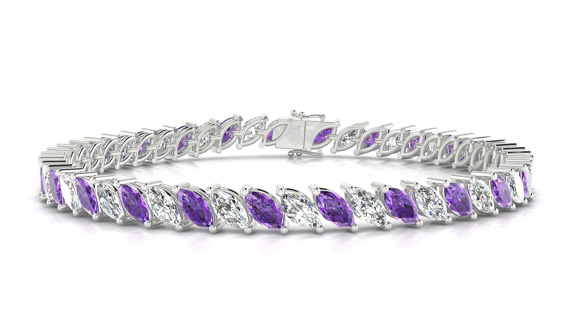 Venezia 1-1 | 18k White Gold 6 x 3 mm Marquise Natural Amethyst & Diamond 19 cm Tennis Bracelet
