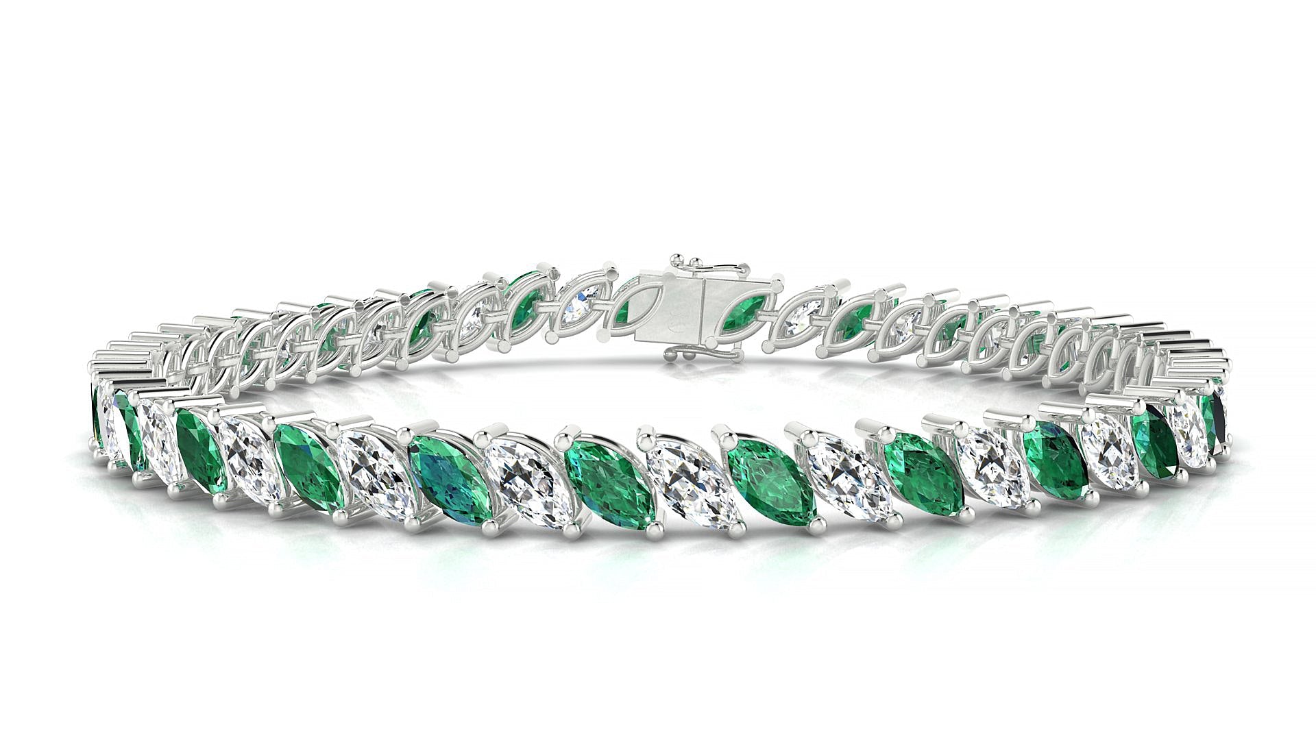 Venezia 1-1 | 18k White Gold 6 x 3 mm Marquise Natural Emerald & Diamond Tennis Bracelet