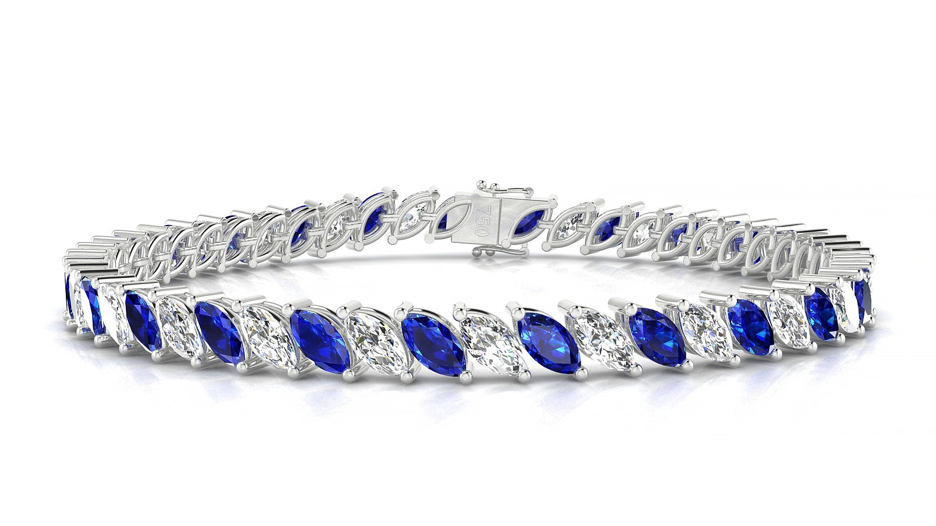 Venezia 1-1 | 18k White Gold 6 x 3 mm Marquise Natural Sapphire & Diamond 16 cm Tennis Bracelet