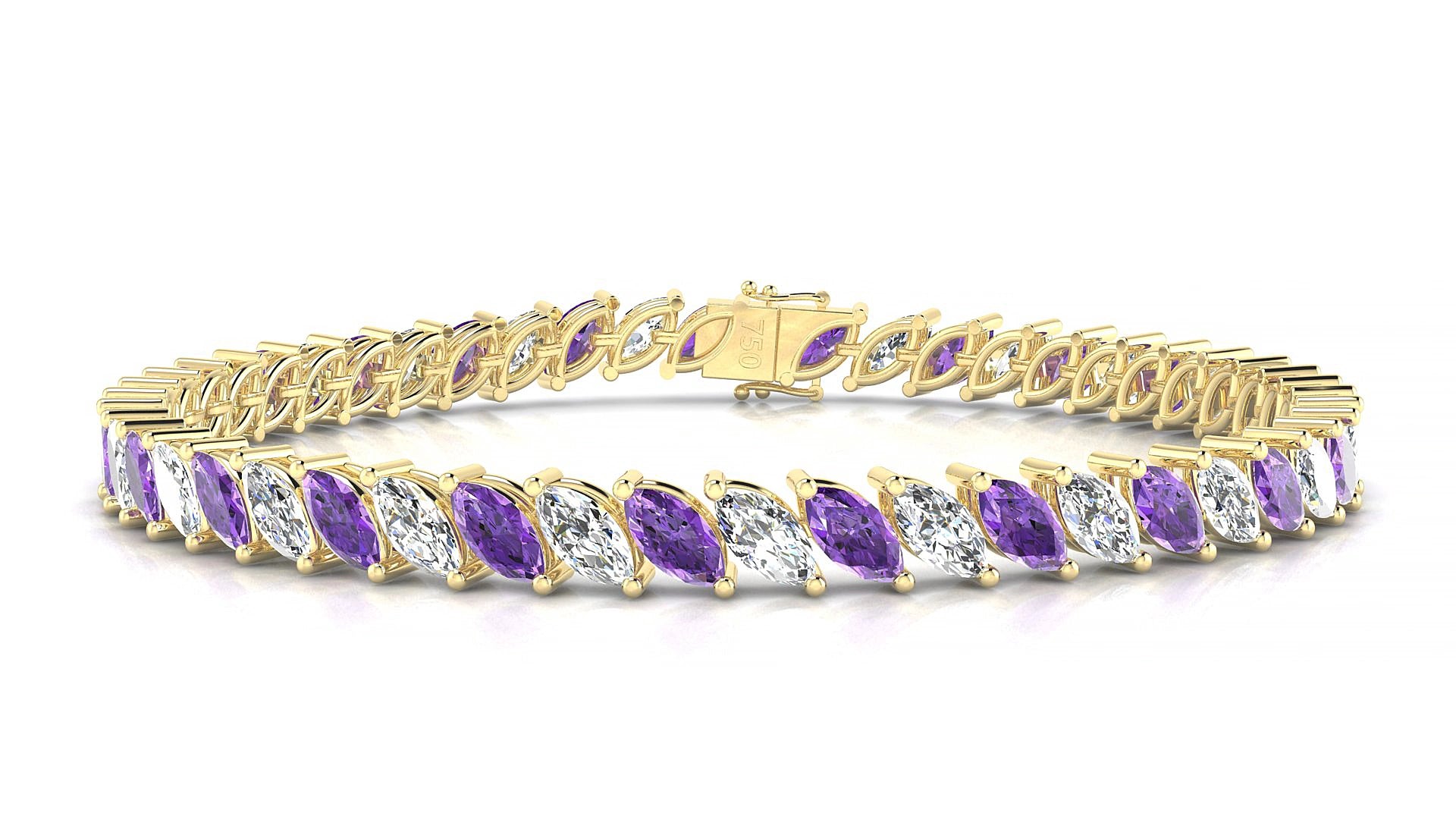 Venezia 1-1 | 18k Yellow Gold 6 x 3 mm Marquise Natural Amethyst & Diamond 19 cm Tennis Bracelet