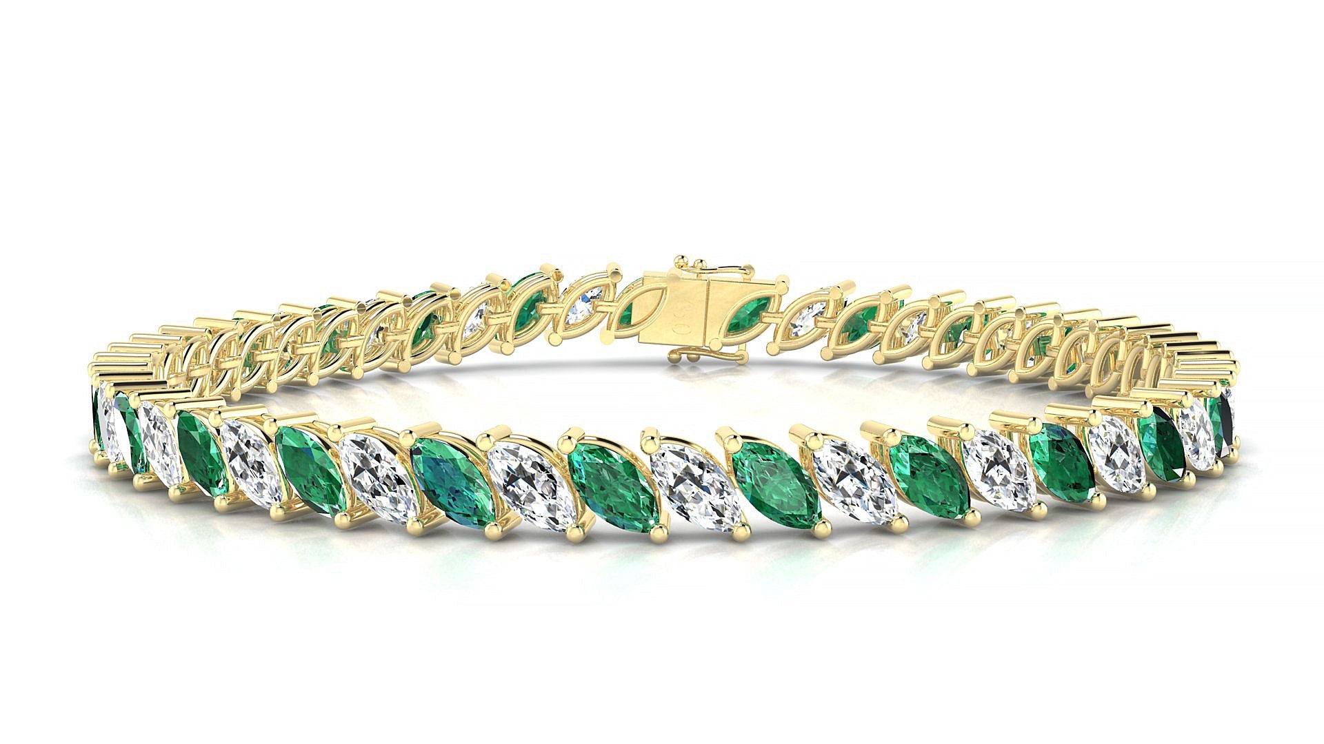 Venezia 1-1 | 18k Yellow Gold 6 x 3 mm Marquise Natural Emerald & Diamond Tennis Bracelet