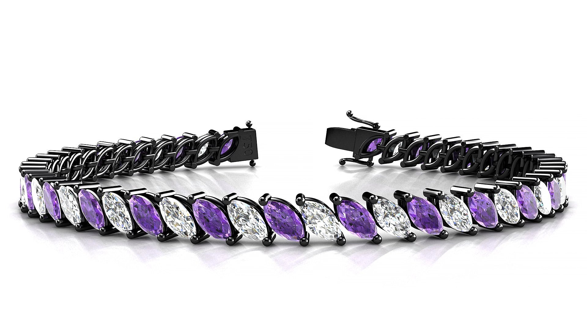 Venezia 1-1 | 18k Black Gold 6 x 3 mm Marquise Natural Amethyst & Diamond 18 cm Tennis Bracelet
